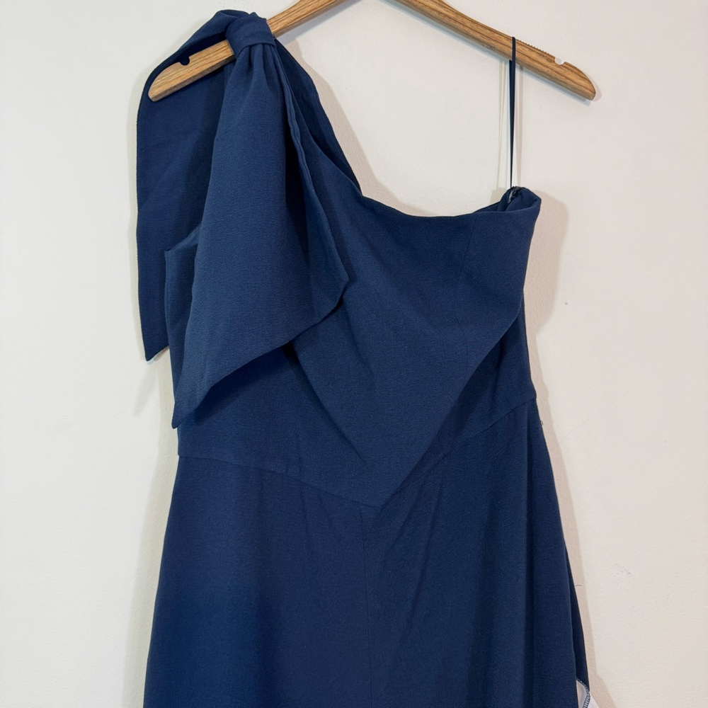 DRESS THE POPULATION Tiffany One Shoulder Bow Jumpsuit Navy Blue XL NWT $248 - Picture 4 of 9